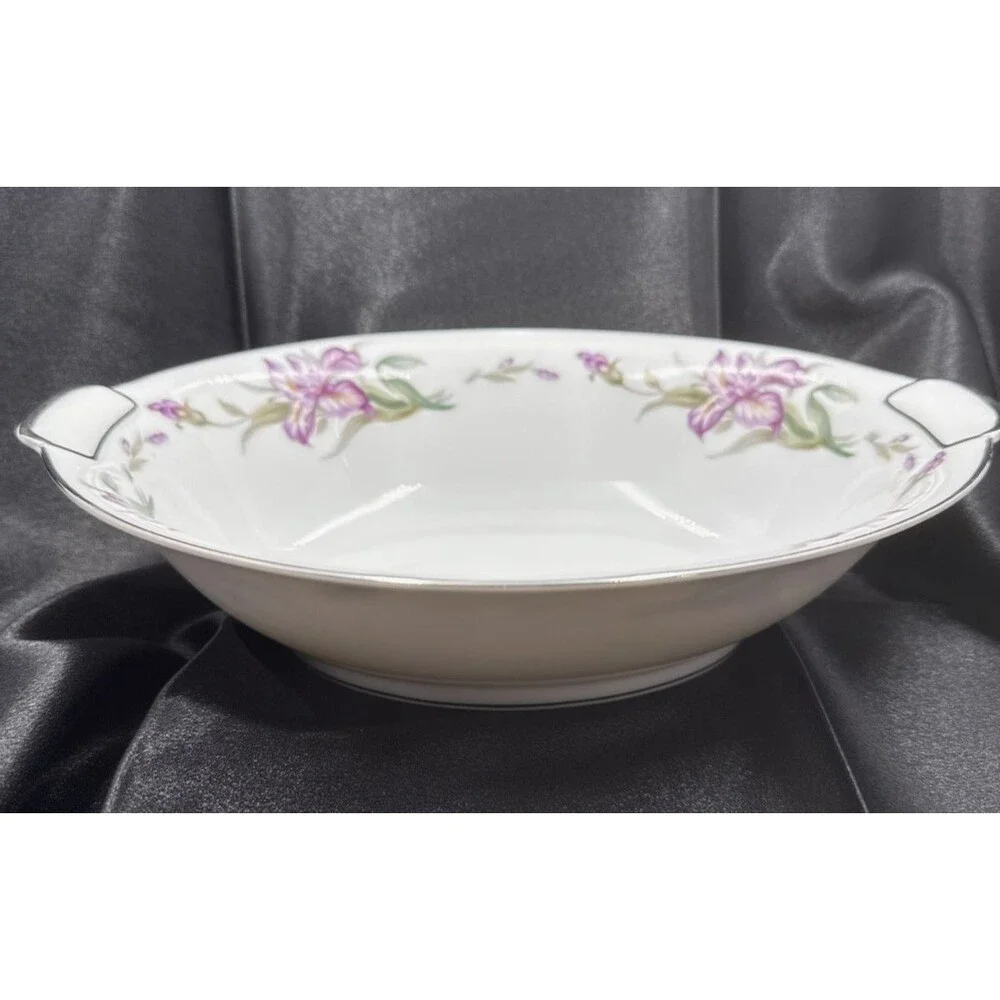 Mikado China Japan White Purple Iris Platinum Rim 10.5” Oval Bowl